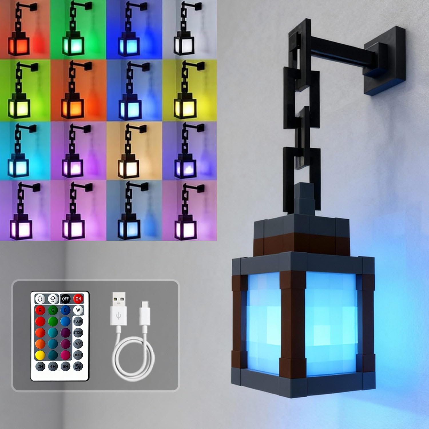 Louhh Pixelated Lantern Night Light hanging for cozy game room ambiance