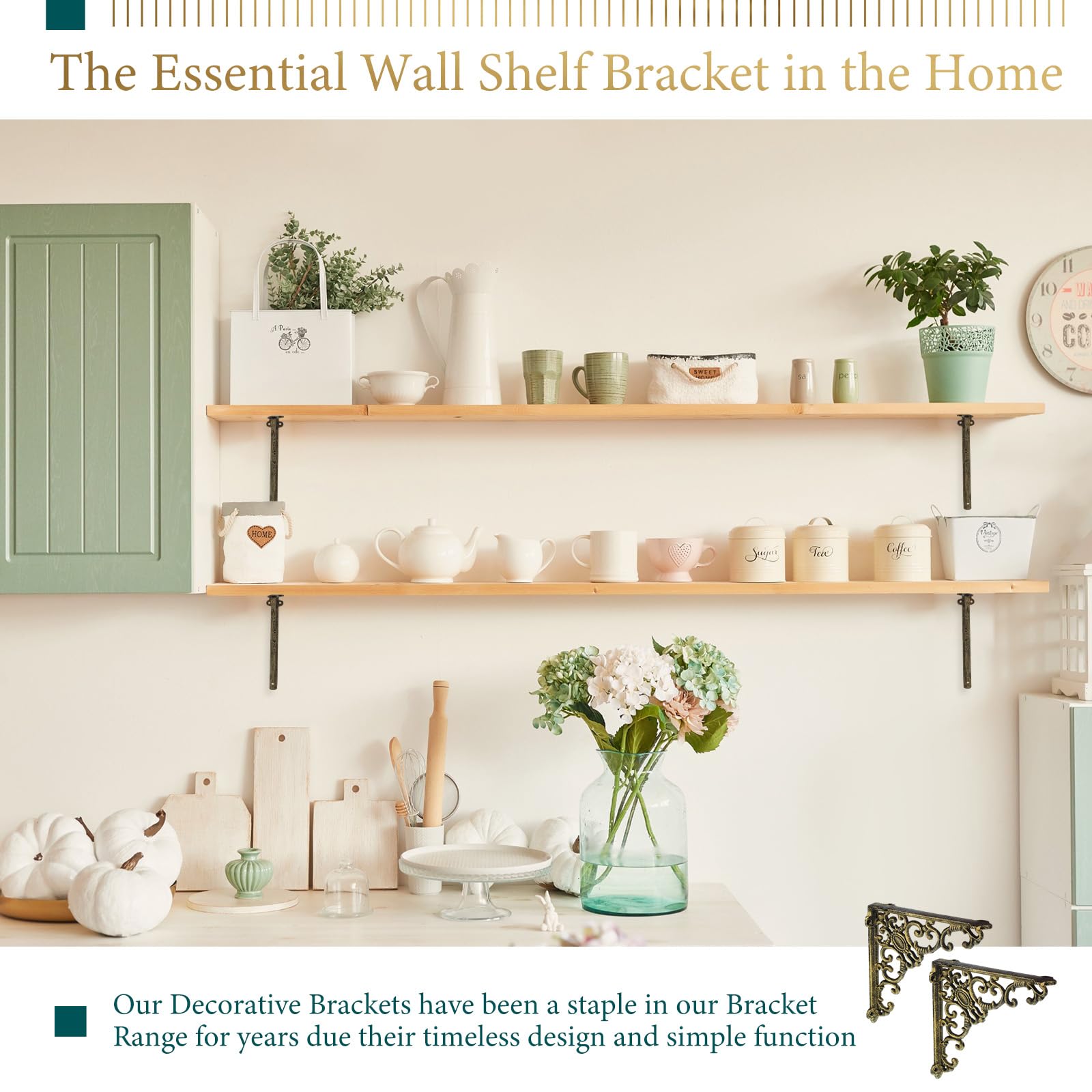 Lounsweer brass finish wall-mounted bracket enhances kitchen or bathroom shelves.