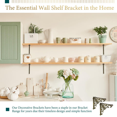 Lounsweer brass finish wall-mounted bracket enhances kitchen or bathroom shelves.