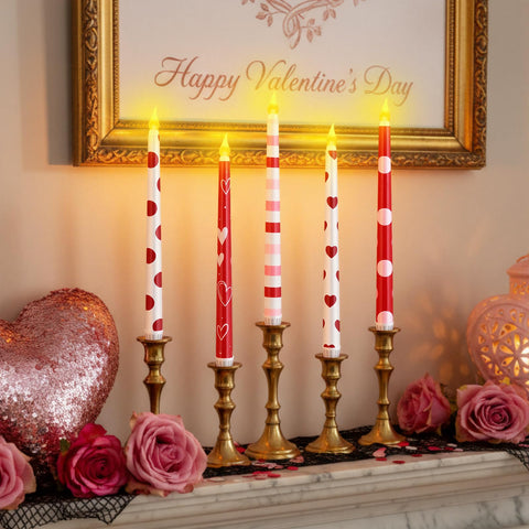 Lounsweer Valentine flameless taper candles on dinner table set a cozy centerpiece.