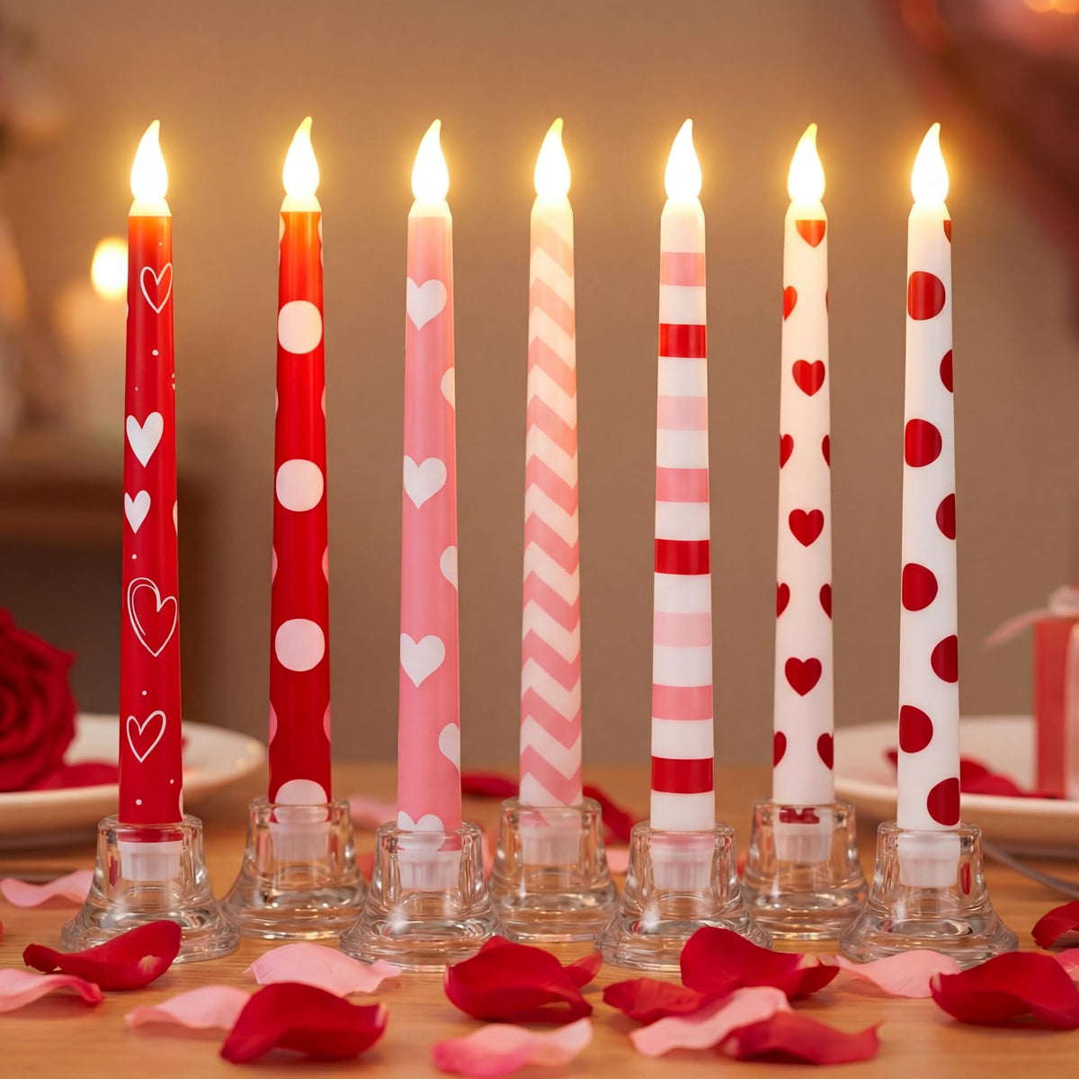 Lounsweer Valentine flameless taper candles in pink heart design provide a warm, safe ambiance.