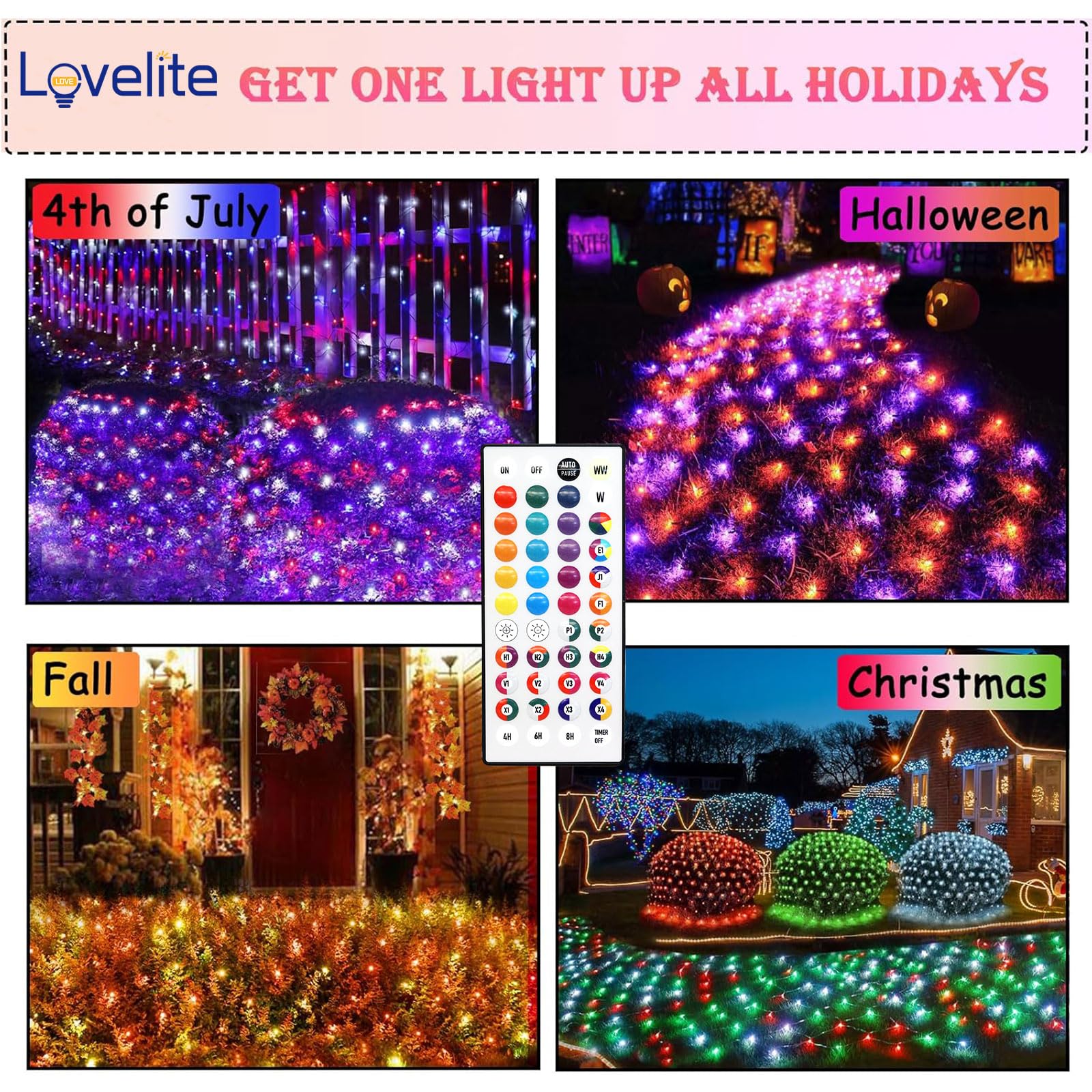Lovelite 240 LED net lights decorate a fence for outdoor ambiance.