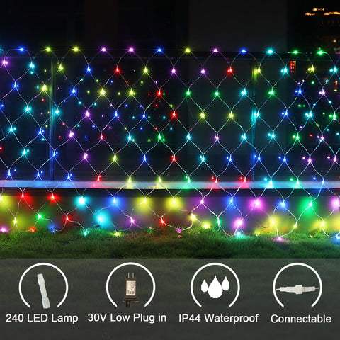 Lovelite 240 LED net lights set up for weddings and holidays outdoors.