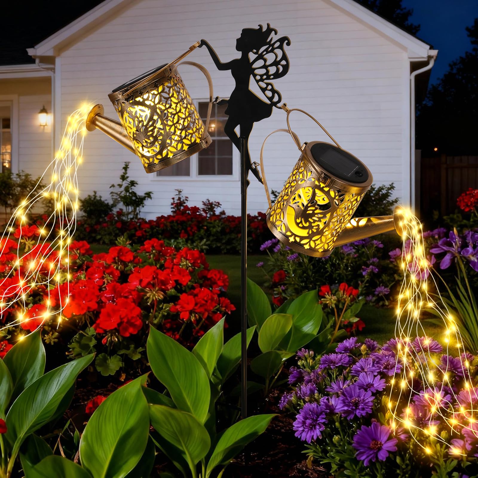 LOVERUIS solar watering can lights illuminate your garden with a graceful waterfall effect.