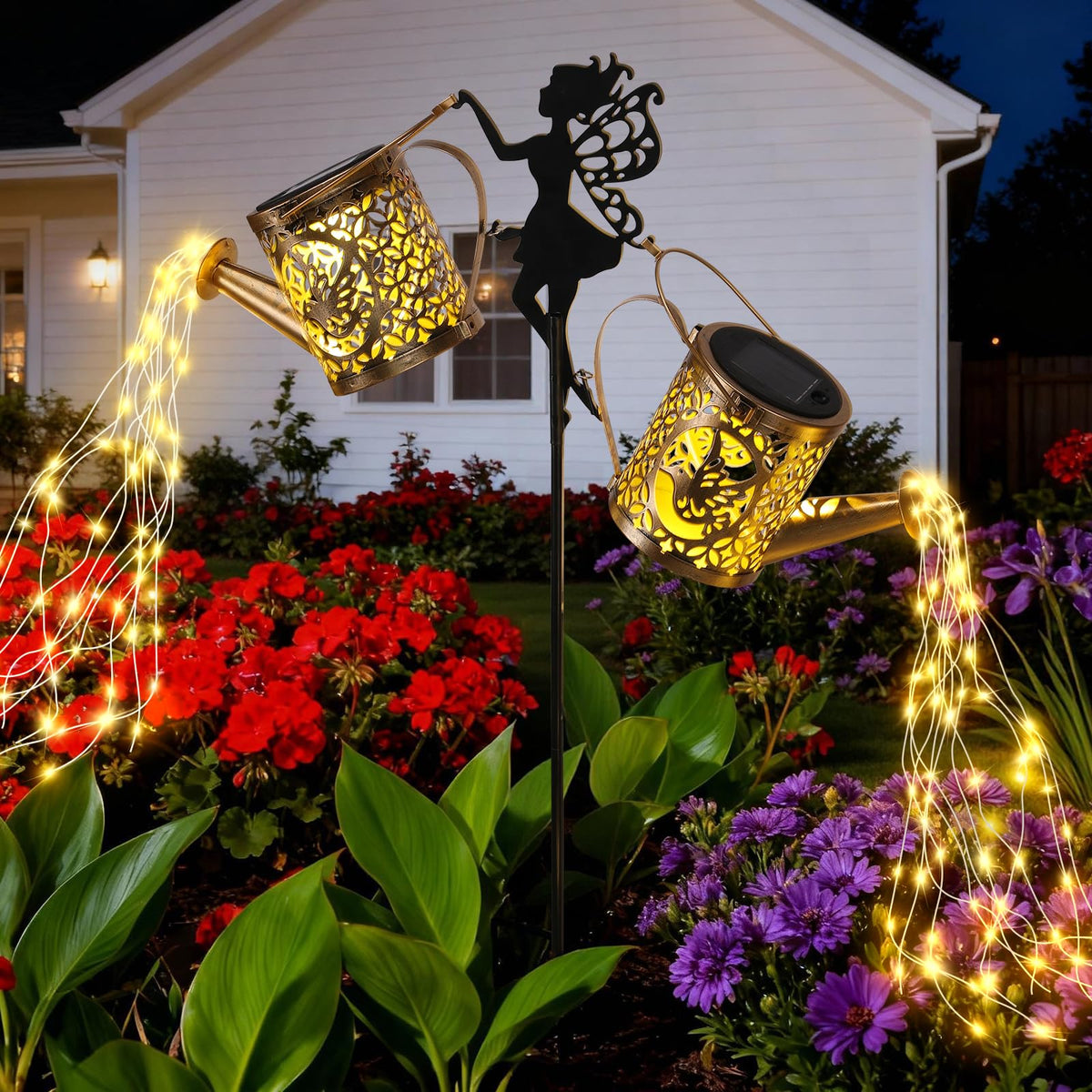 LOVERUIS solar watering can lights illuminate your garden with a graceful waterfall effect.