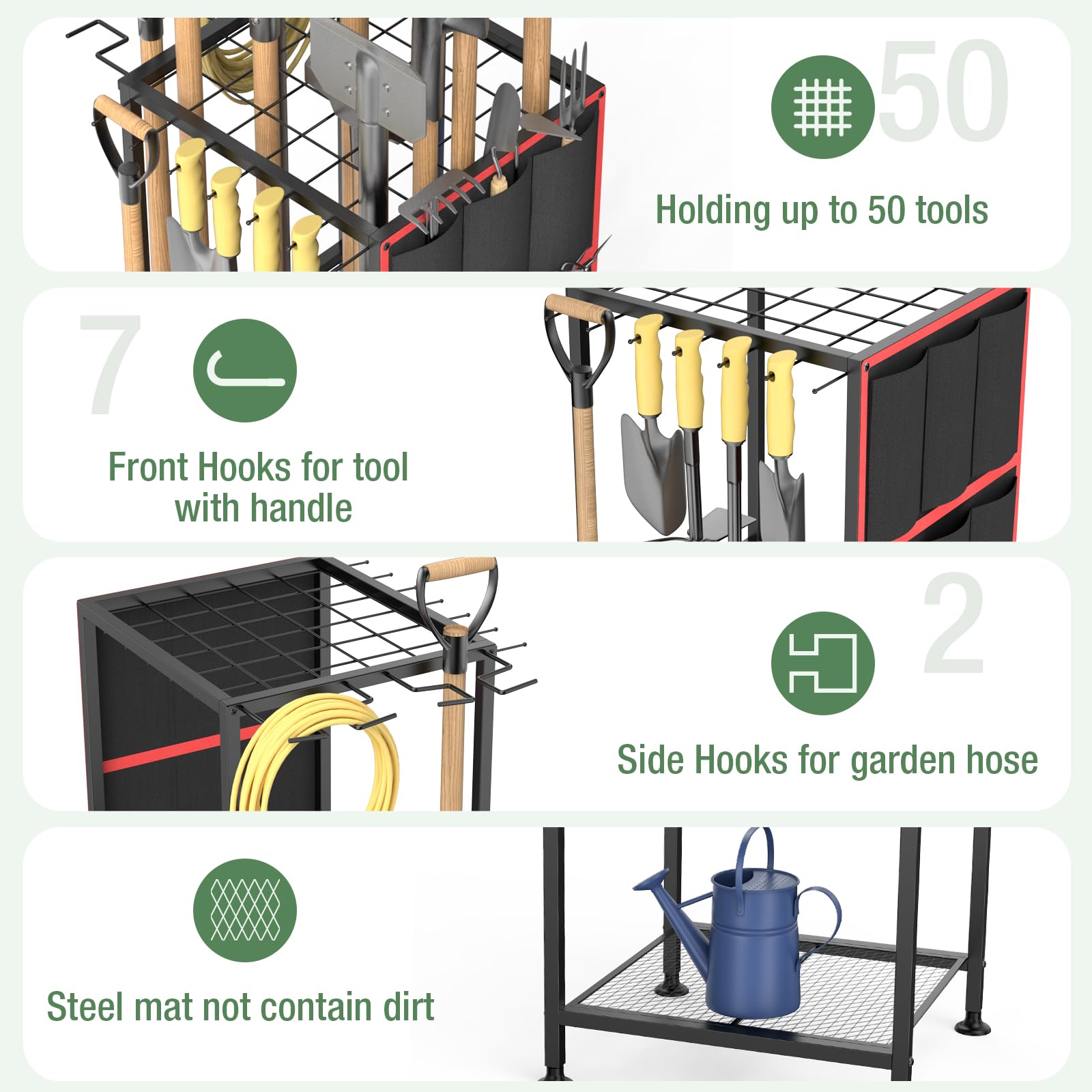 Lovind Garden Tool Organizer front hooks for easy reach of D-handle tools.
