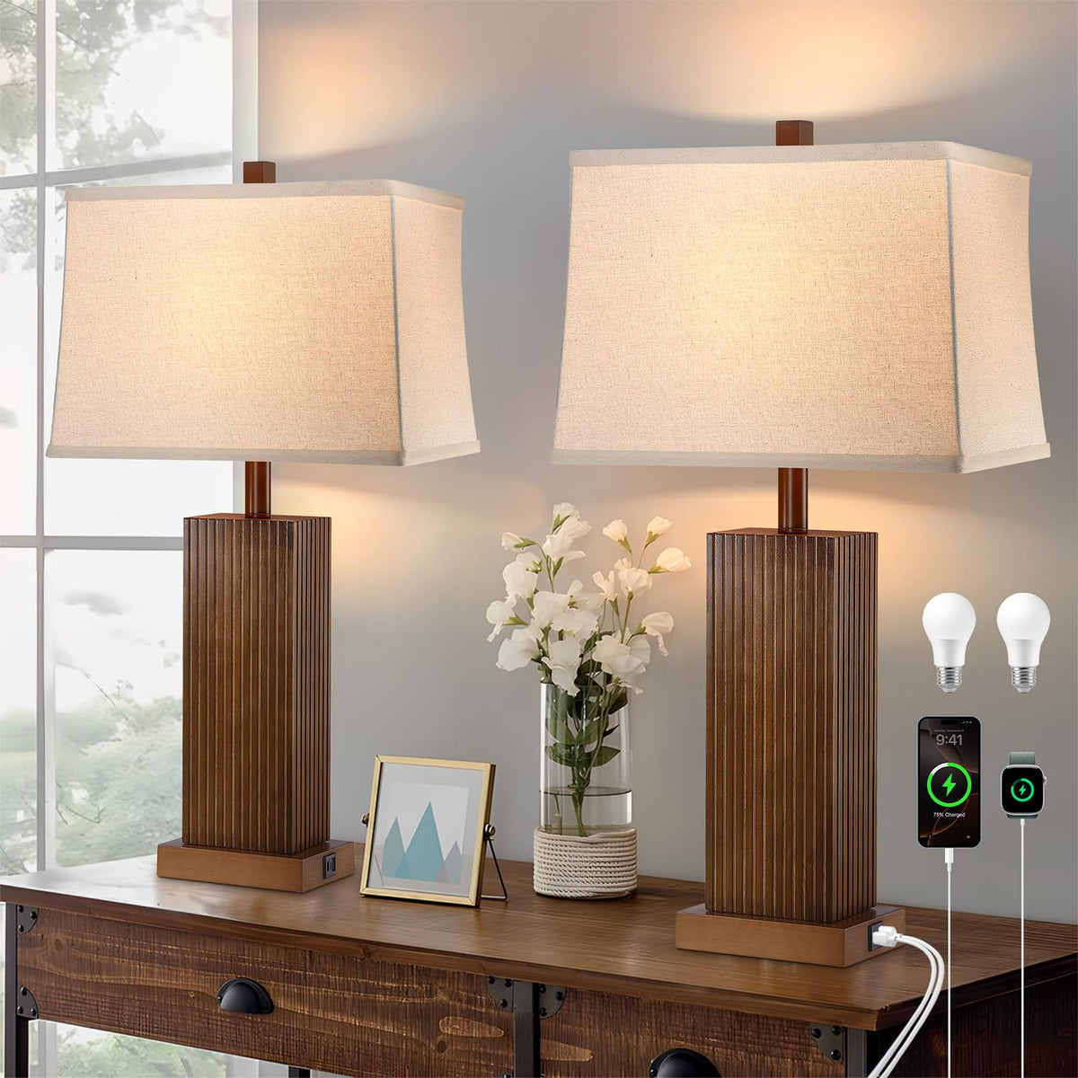 Lovlast 275-inch wood table lamp with walnut base for a durable bedside glow.
