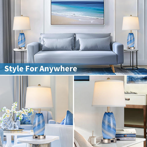 Modern nightstand setup with Lovlast blue lamps and clean metal bases