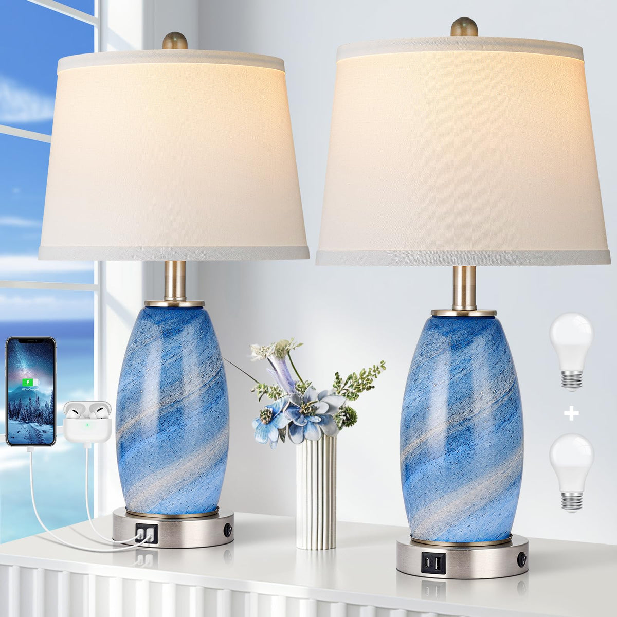 Lovlast blue lamps set with glass base enhances bedside ambiance and USB charging