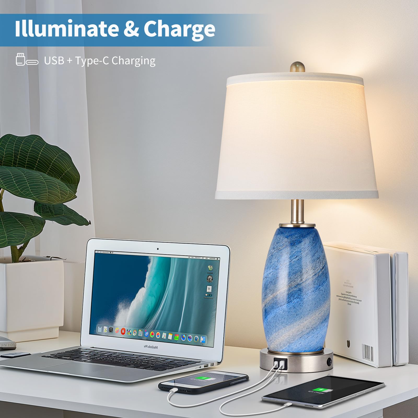 Warm ambient light from Lovlast blue lamps creates a cozy bedroom mood