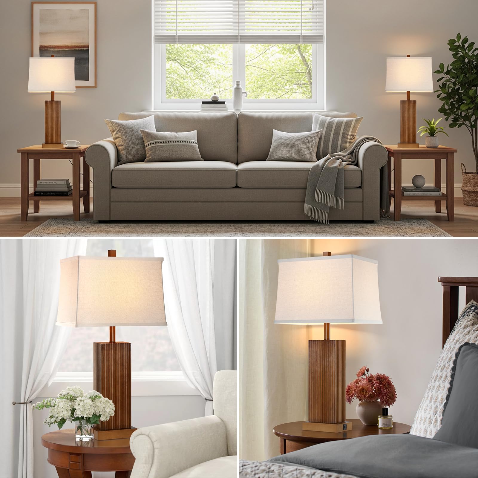 Lovlast modern farmhouse bedroom lamp with natural walnut finish.