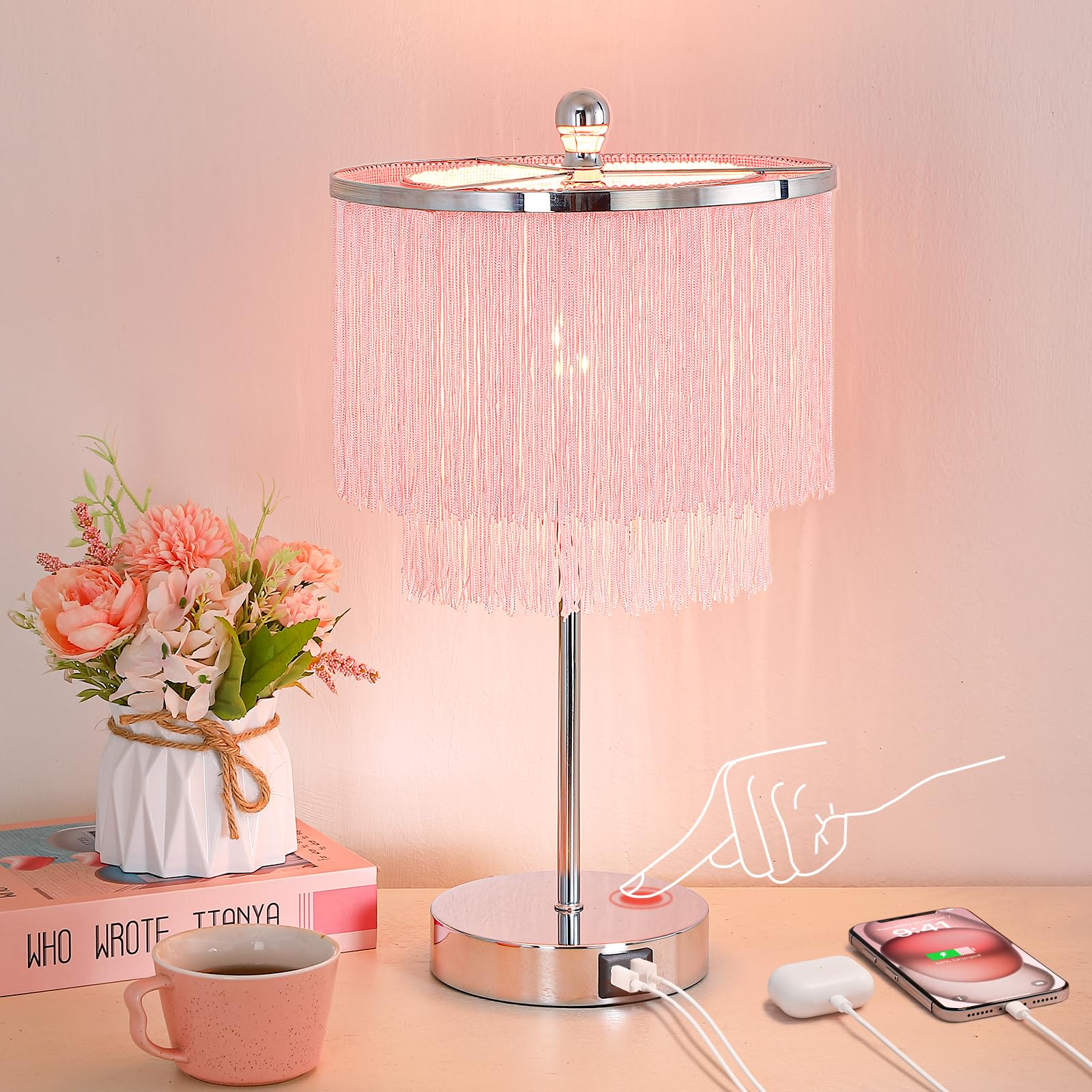 Lovlast pink tassel lamp for girls room with 3-way dimming on a nightstand
