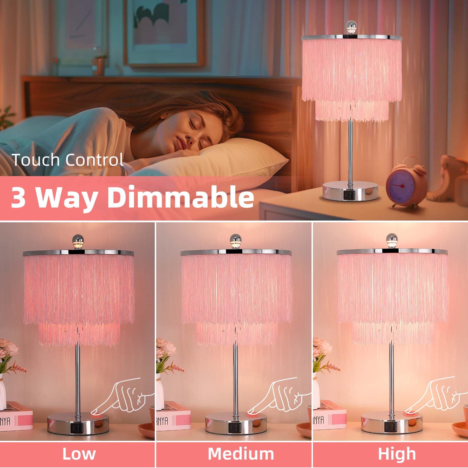 Lovlast pink lamp with USB charging base keeps devices ready on the bedside table