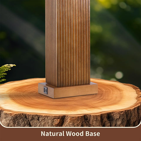 Lovlast wood table lamp with beige linen shade for warm, cozy ambiance.