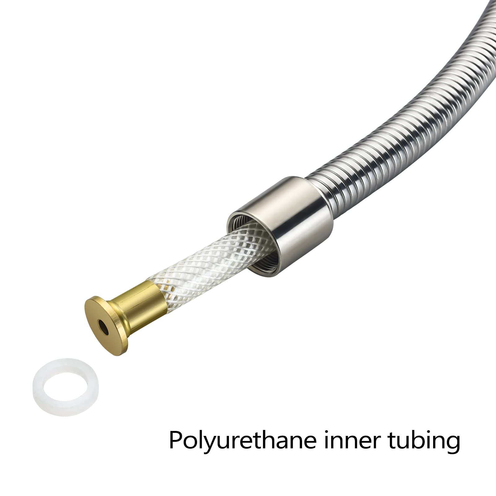 LOWCUS pre-rinse hose with stainless steel braided exterior and polyurethane inner tubing for durability.