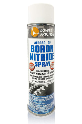 Lower Friction Boron Nitride spray can, front view, clean dry coating ready for use.