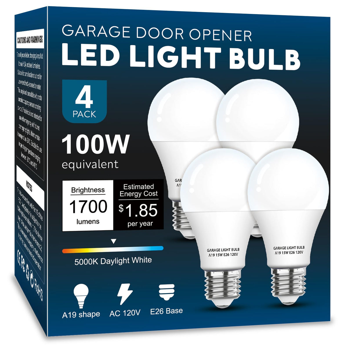 LOXYEE 4-pack garage light bulbs for opener compatibility and bright daylight illumination.
