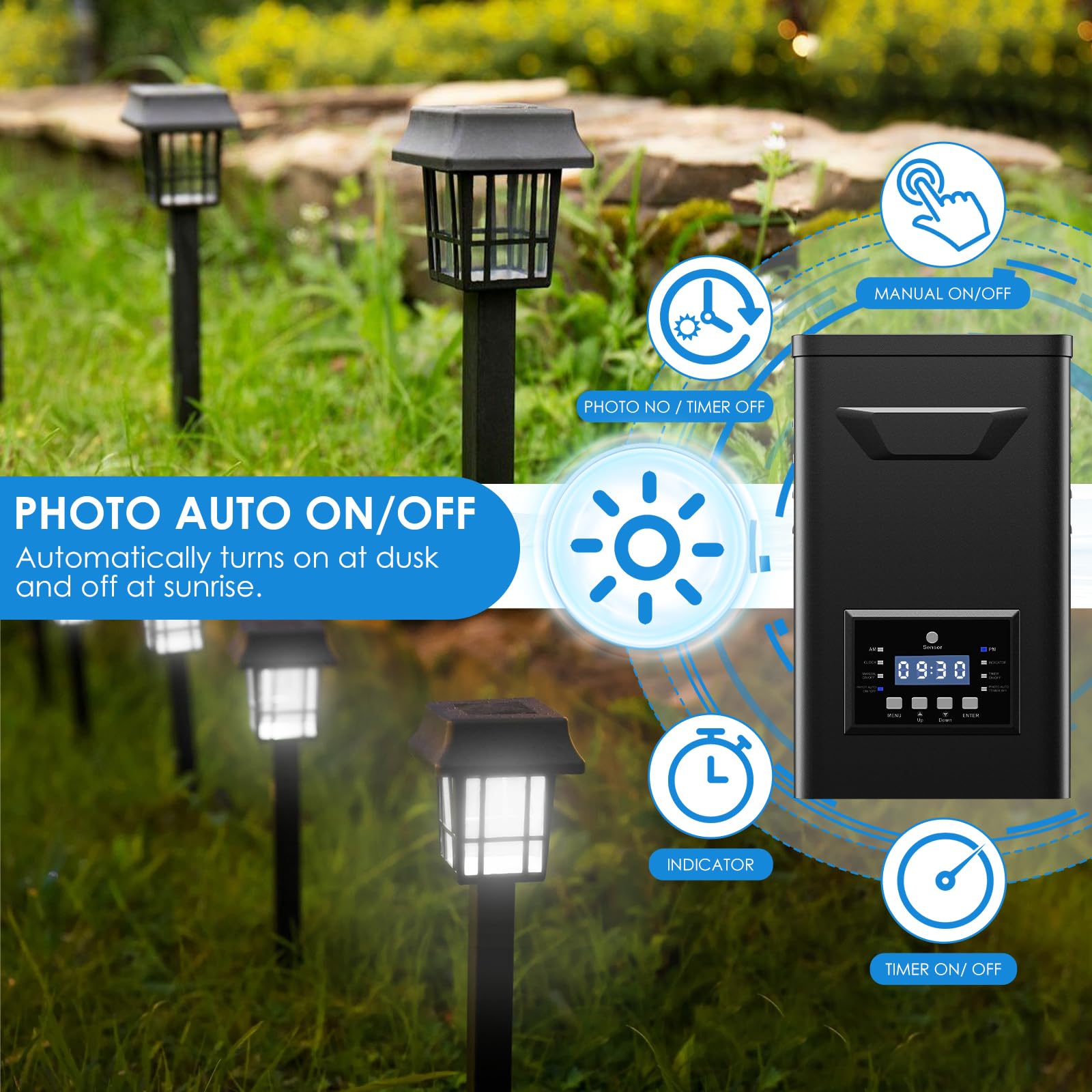 LoyeeBlis 1-12 hour timer settings for flexible outdoor illumination.