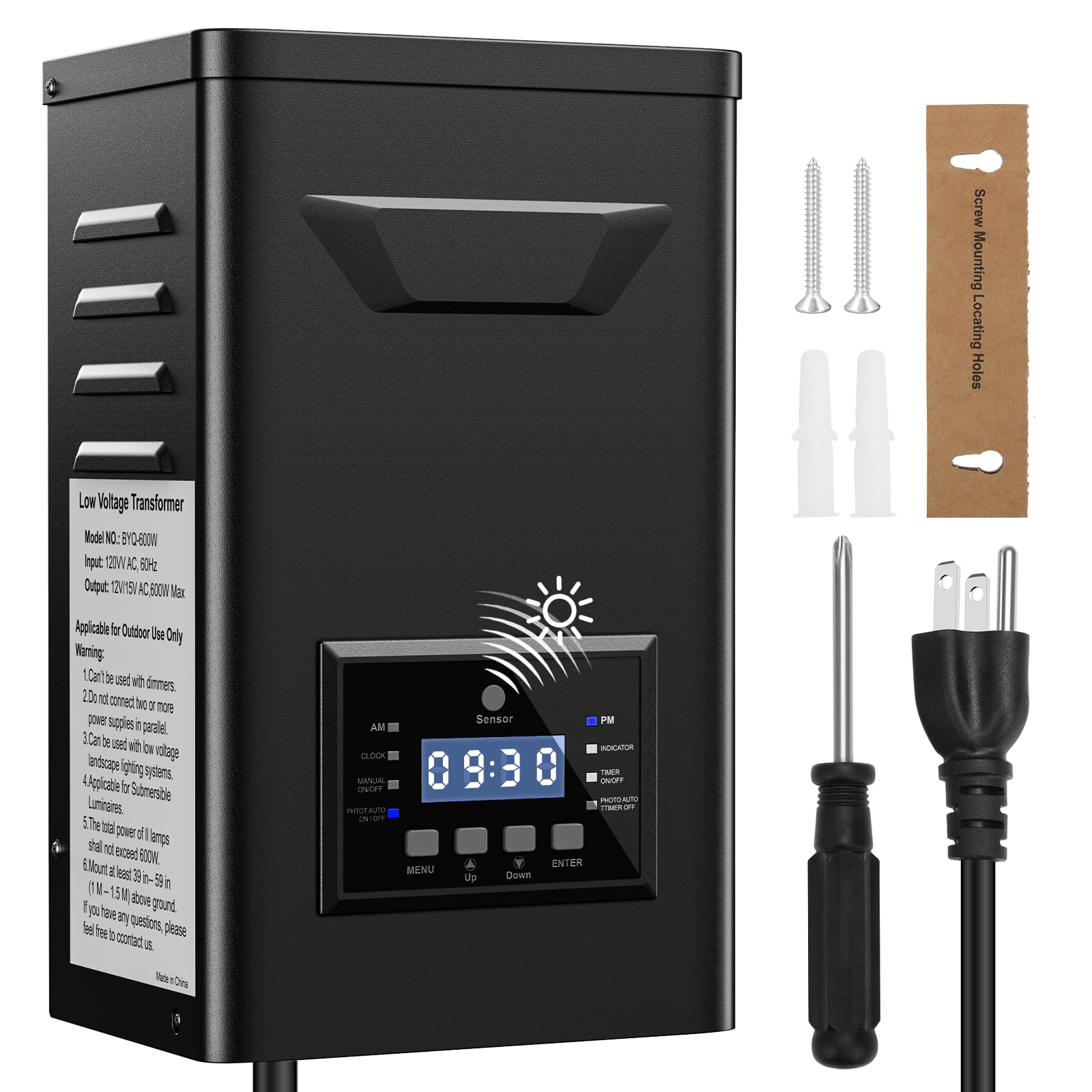LoyeeBlis 600W outdoor transformer front view powers safe, reliable landscape lighting.