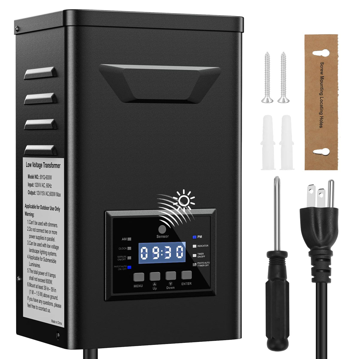 LoyeeBlis 600W outdoor transformer front view powers safe, reliable landscape lighting.
