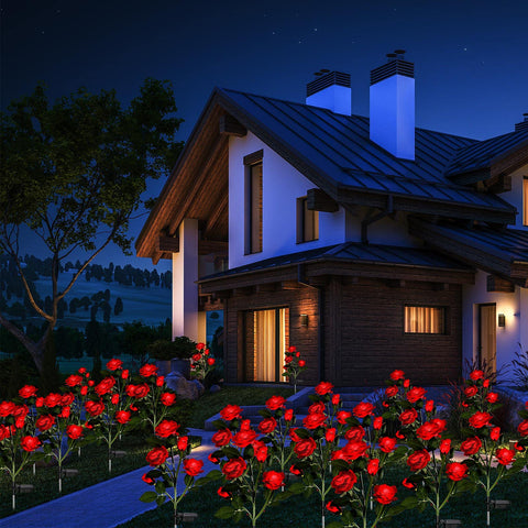 LOYIM rose lights illuminate a garden path with a gentle glow after sunset.