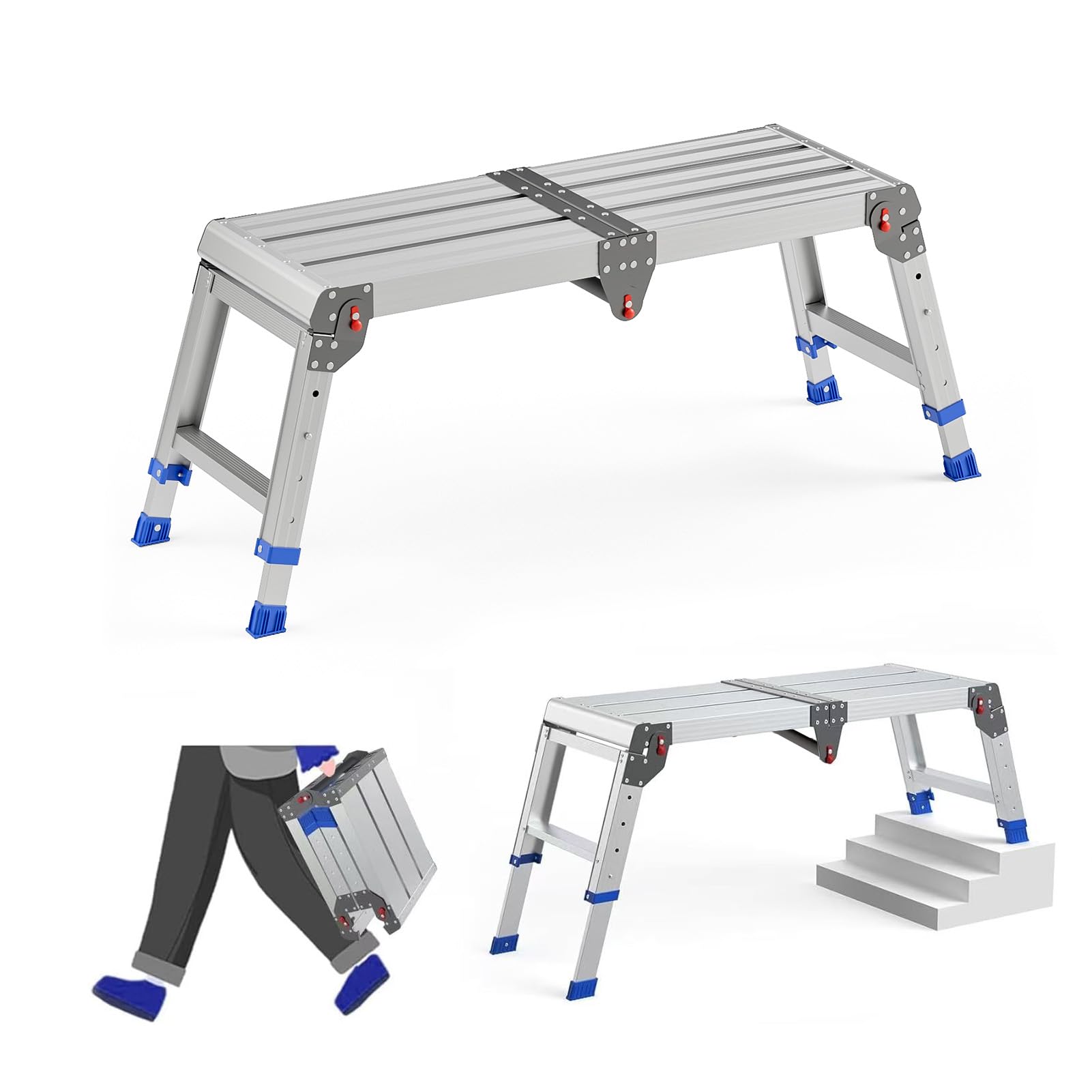 Loyoda folding work platform open with adjustable height for safe reach.