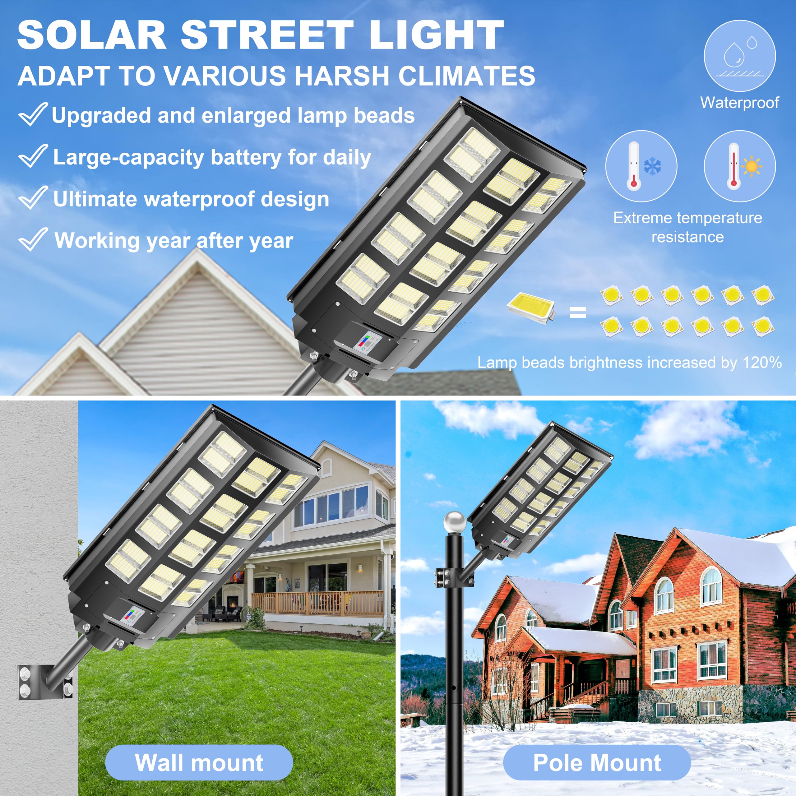 LOYOELE 9000W solar street light back view highlighting rugged IP66 housing