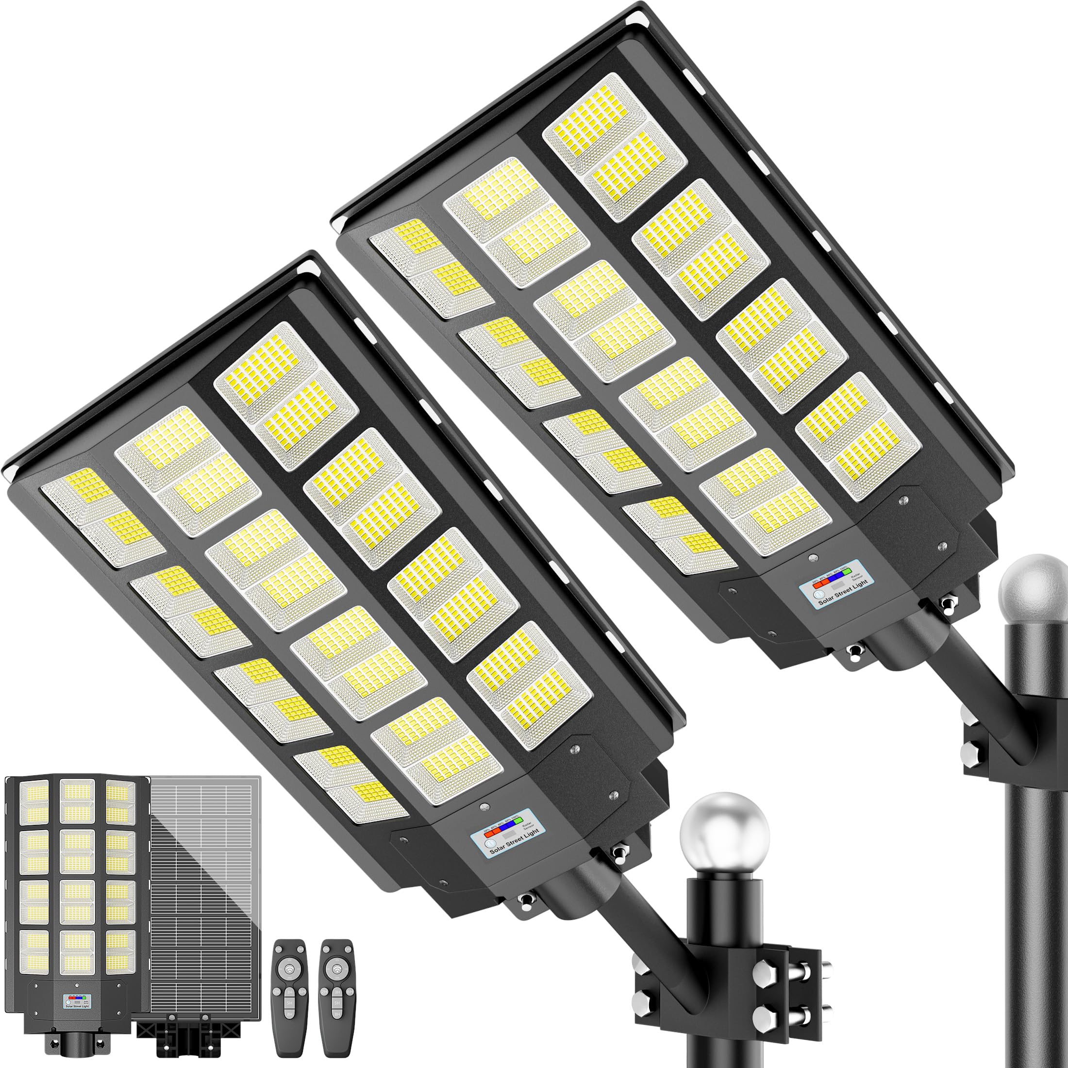 LOYOELE 9000W solar street light front view showing wide-area coverage for parking lots