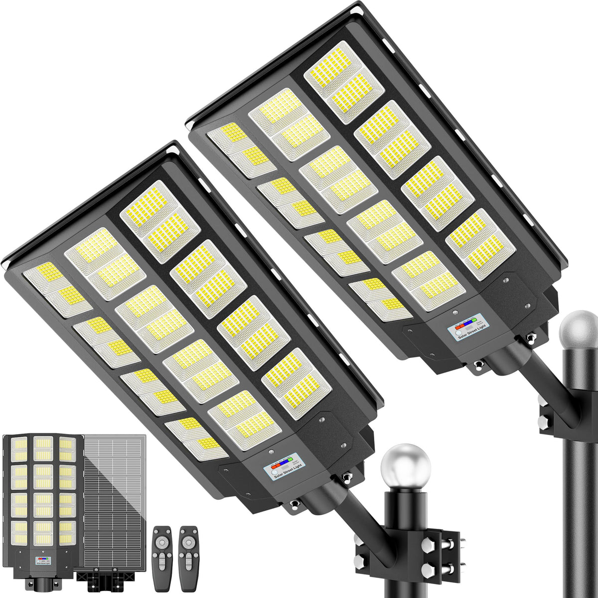LOYOELE 9000W solar street light front view showing wide-area coverage for parking lots