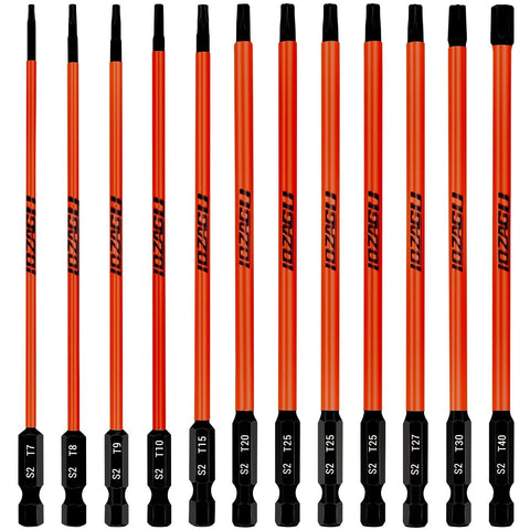 LOZAGU 12-piece long Torx bit set laid out for full kit visibility and access