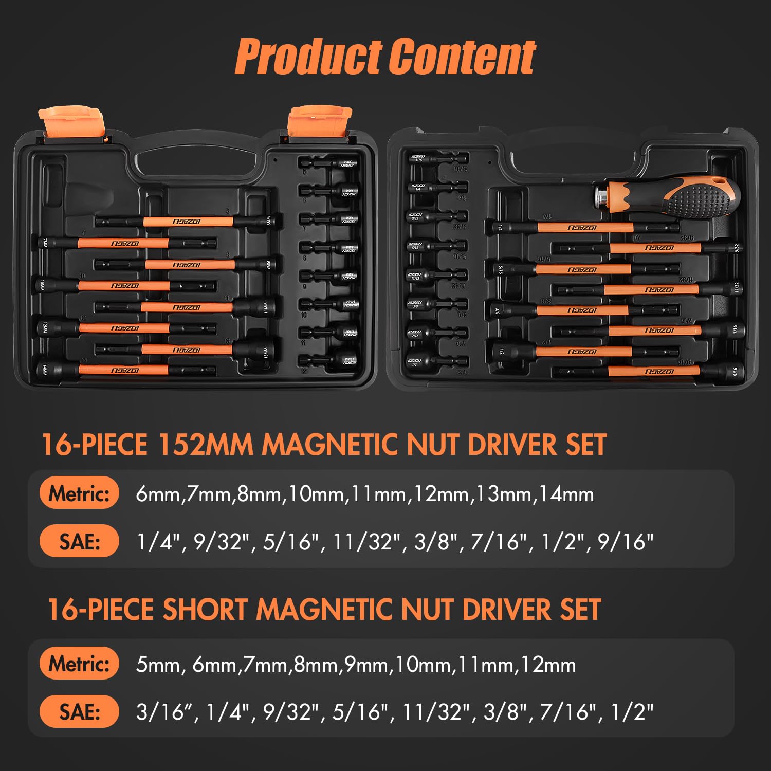 LOZAGU metric-sized nut drivers for precise fits with metric fasteners.