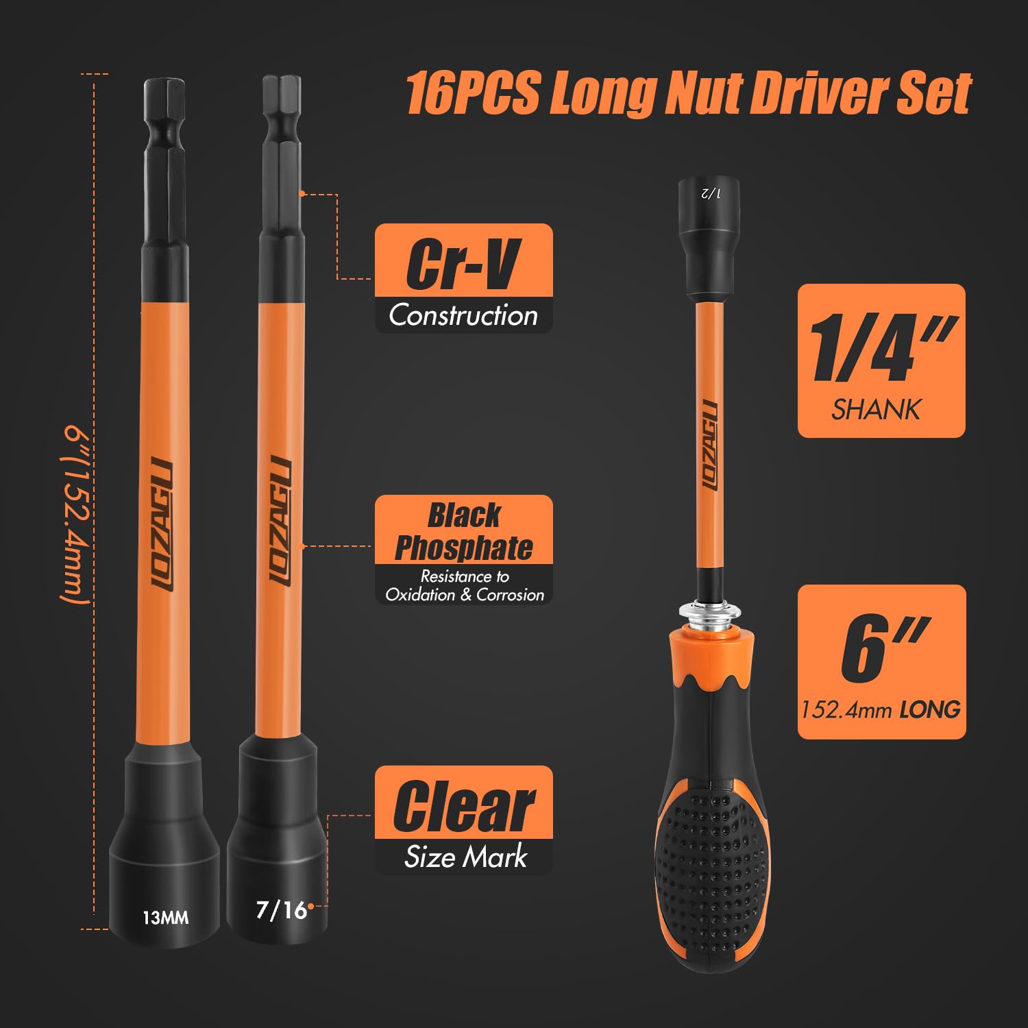 LOZAGU SAE-size nut drivers for common imperial fasteners and versatile tasks.