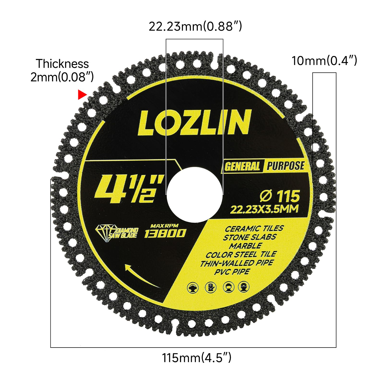 LOZLIN 115mm diamond blade for quartz and stone delivers smooth edges.