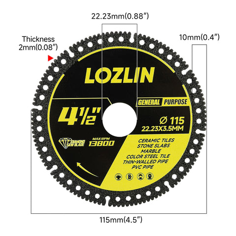 LOZLIN 115mm diamond blade for quartz and stone delivers smooth edges.