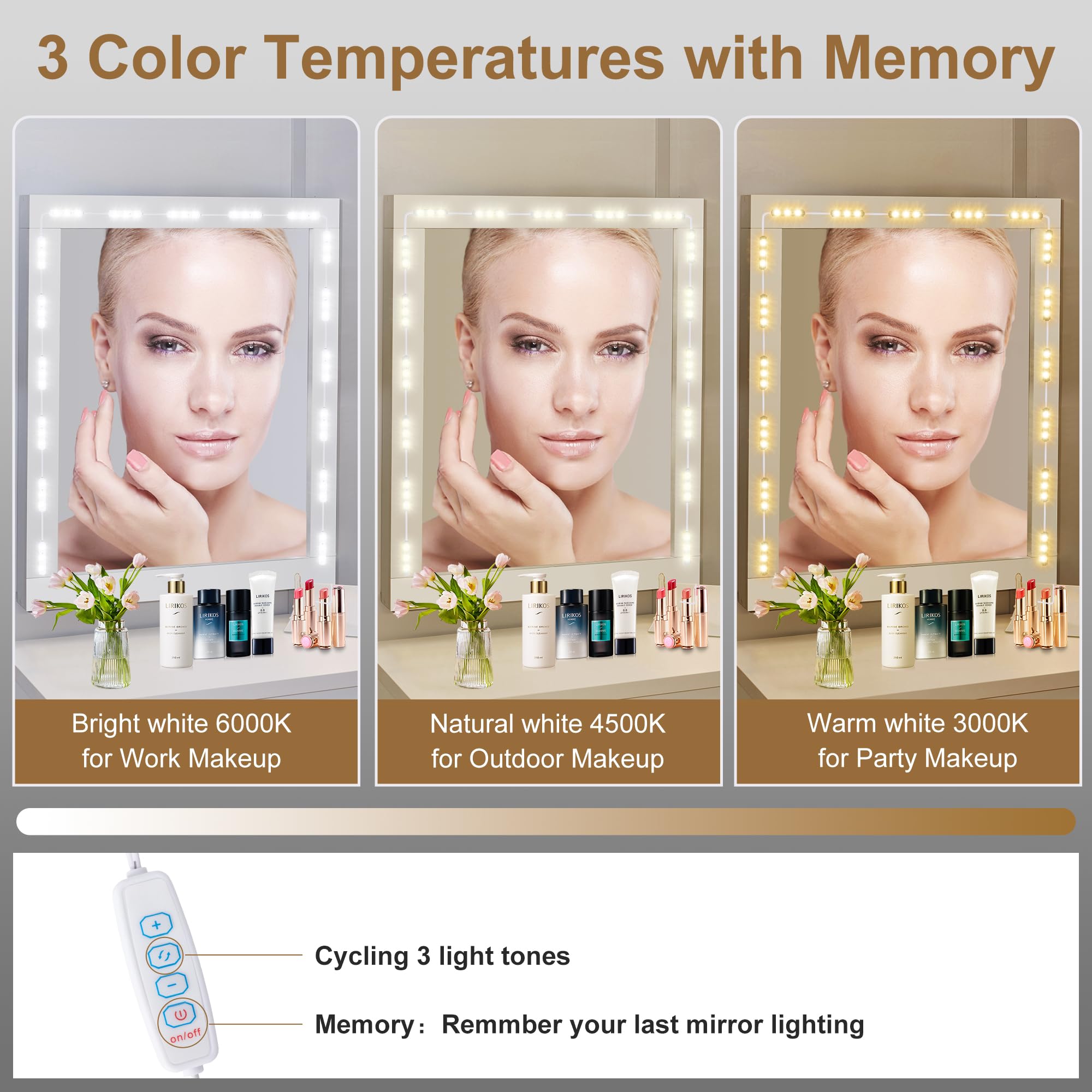 LPHUMEX vanity lights show three color modes for different looks
