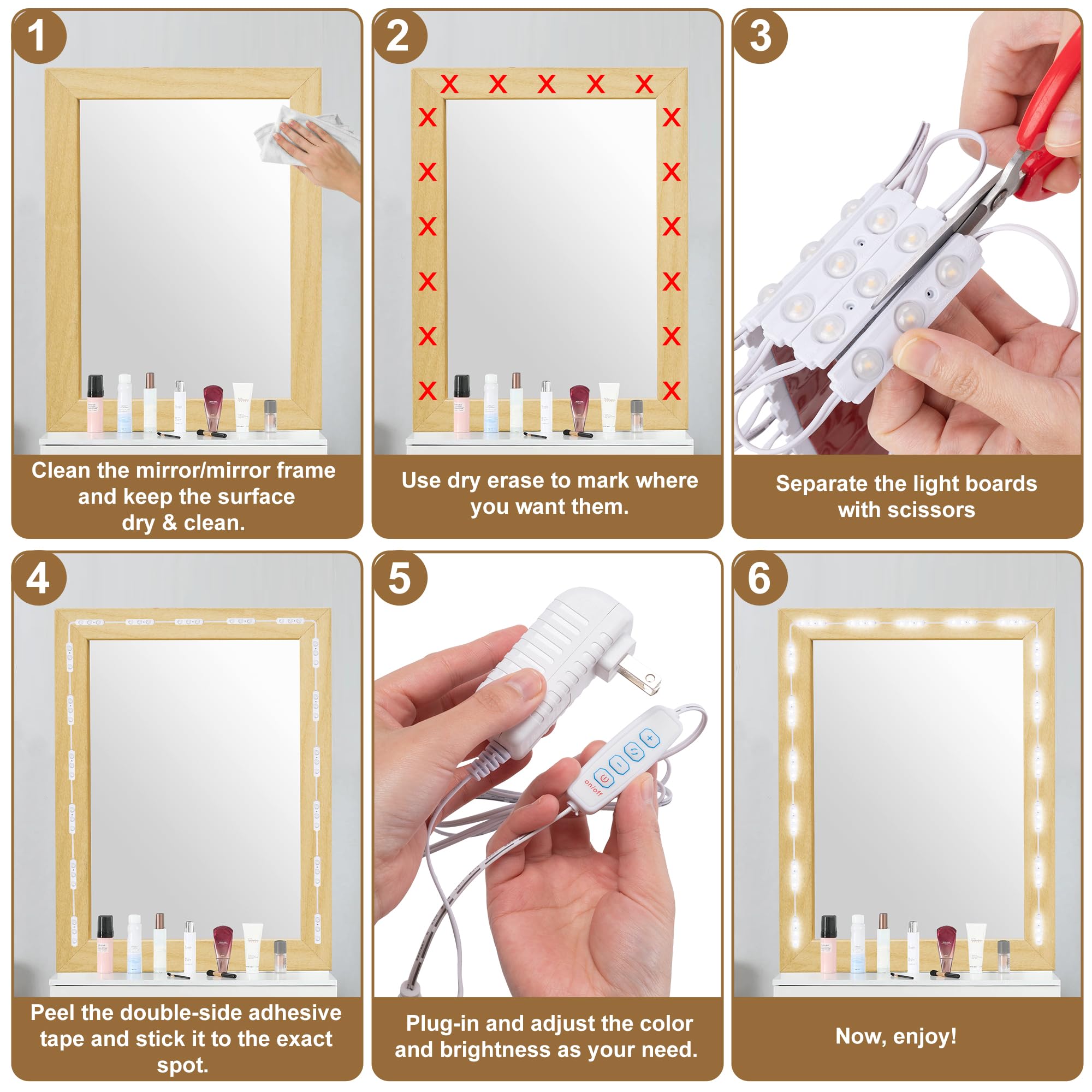 LPHUMEX vanity lights work with white-framed mirrors for Hollywood-style glow