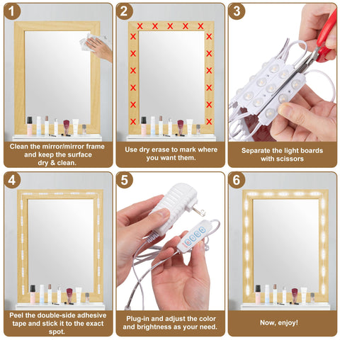 LPHUMEX vanity lights work with white-framed mirrors for Hollywood-style glow