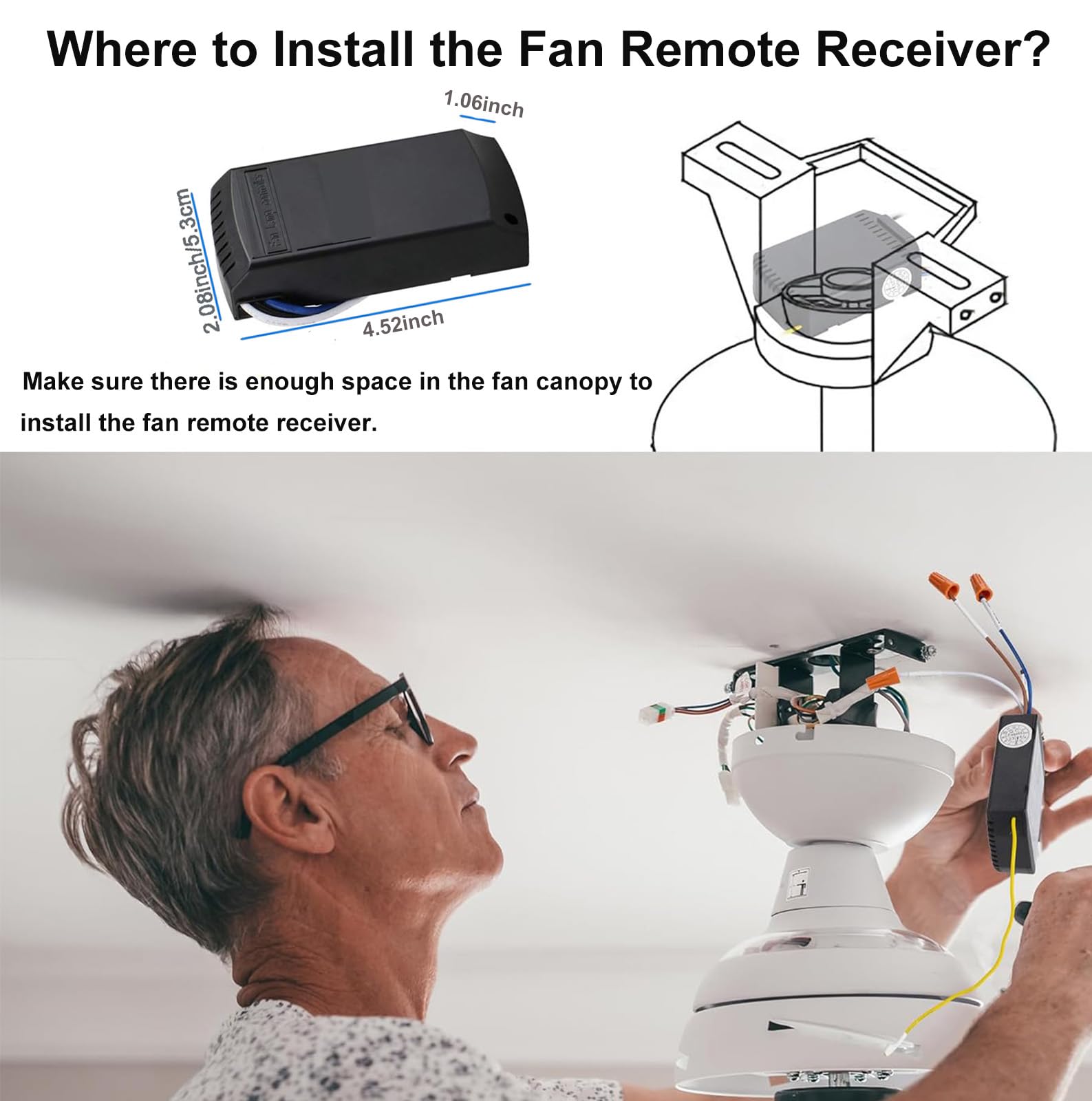 LPHUMEX canopy-fit remote kit installed above ceiling fan.