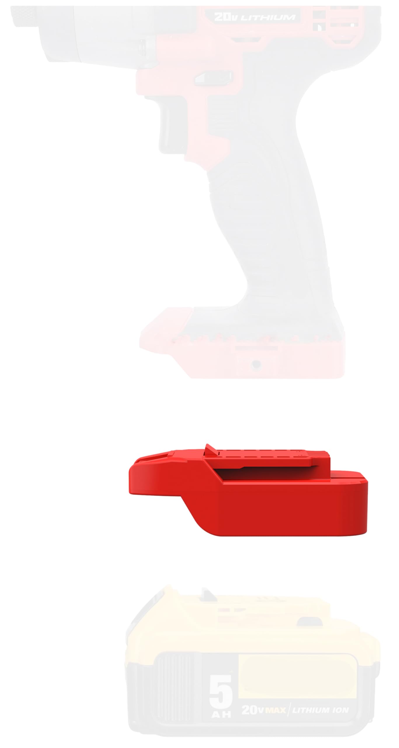 LQ-18RY adapter for Bauer 20V tools with a secure fit for DeWalt 20V Max slider battery.