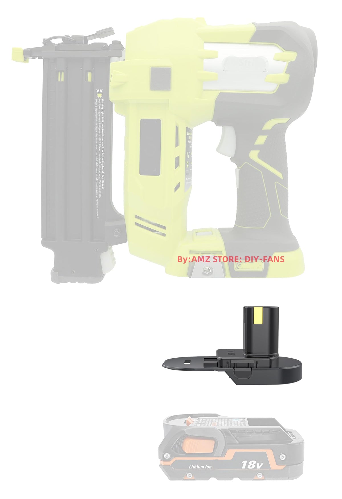 LQ-18RY Ryobi adapter front view demonstrates compact fit for quick tool switching.