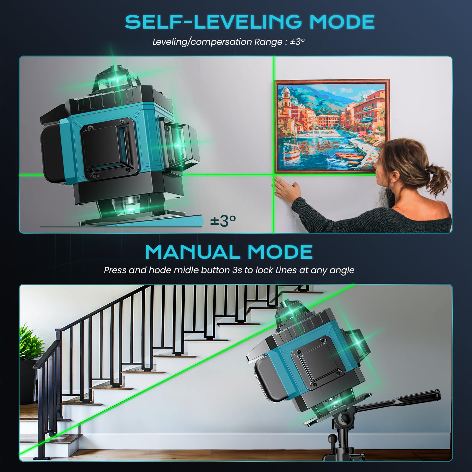 LQHUE 4D green cross lines provide bright visibility for tiling and hanging.