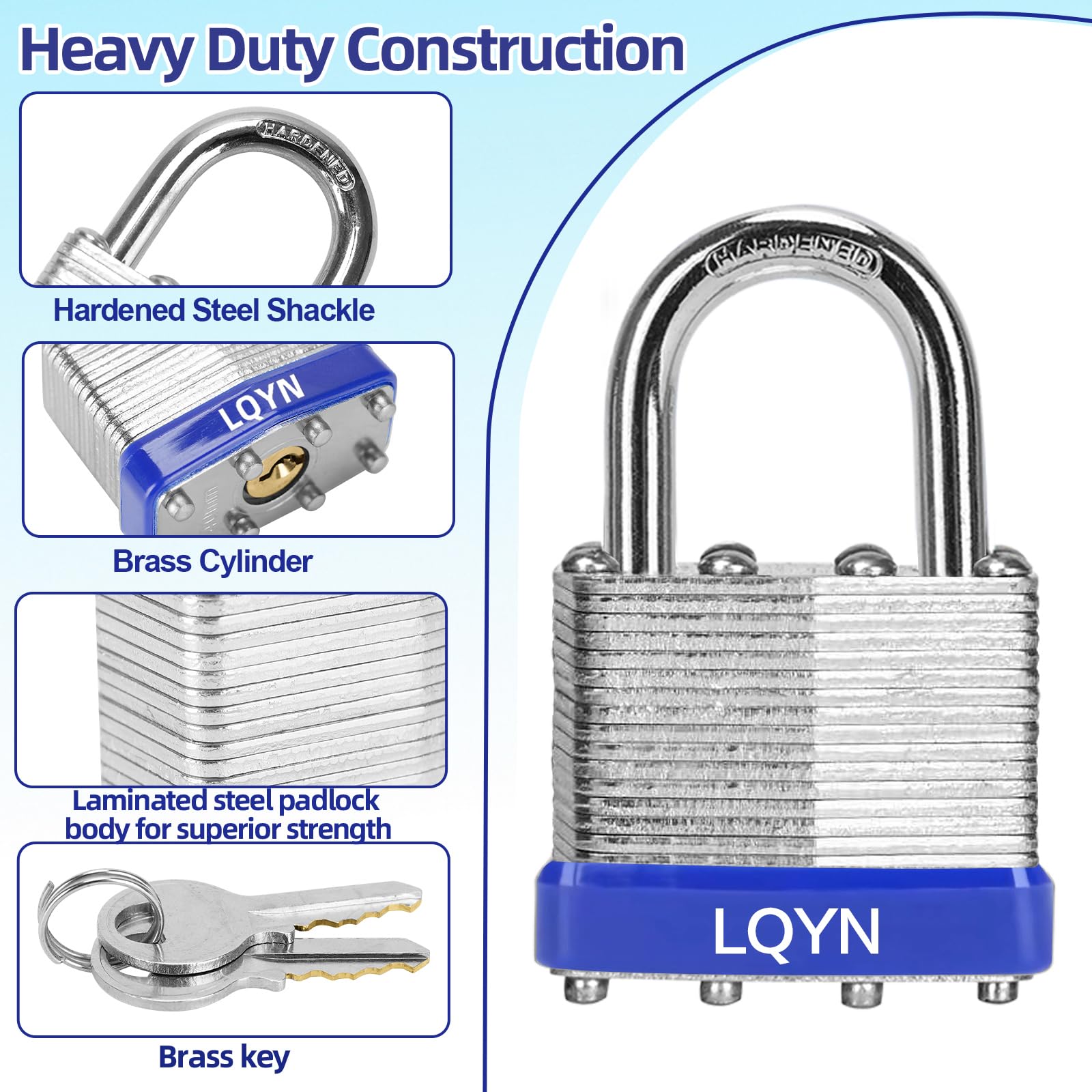 LQYN padlock hardened shackle close-up shows anti-tamper design.