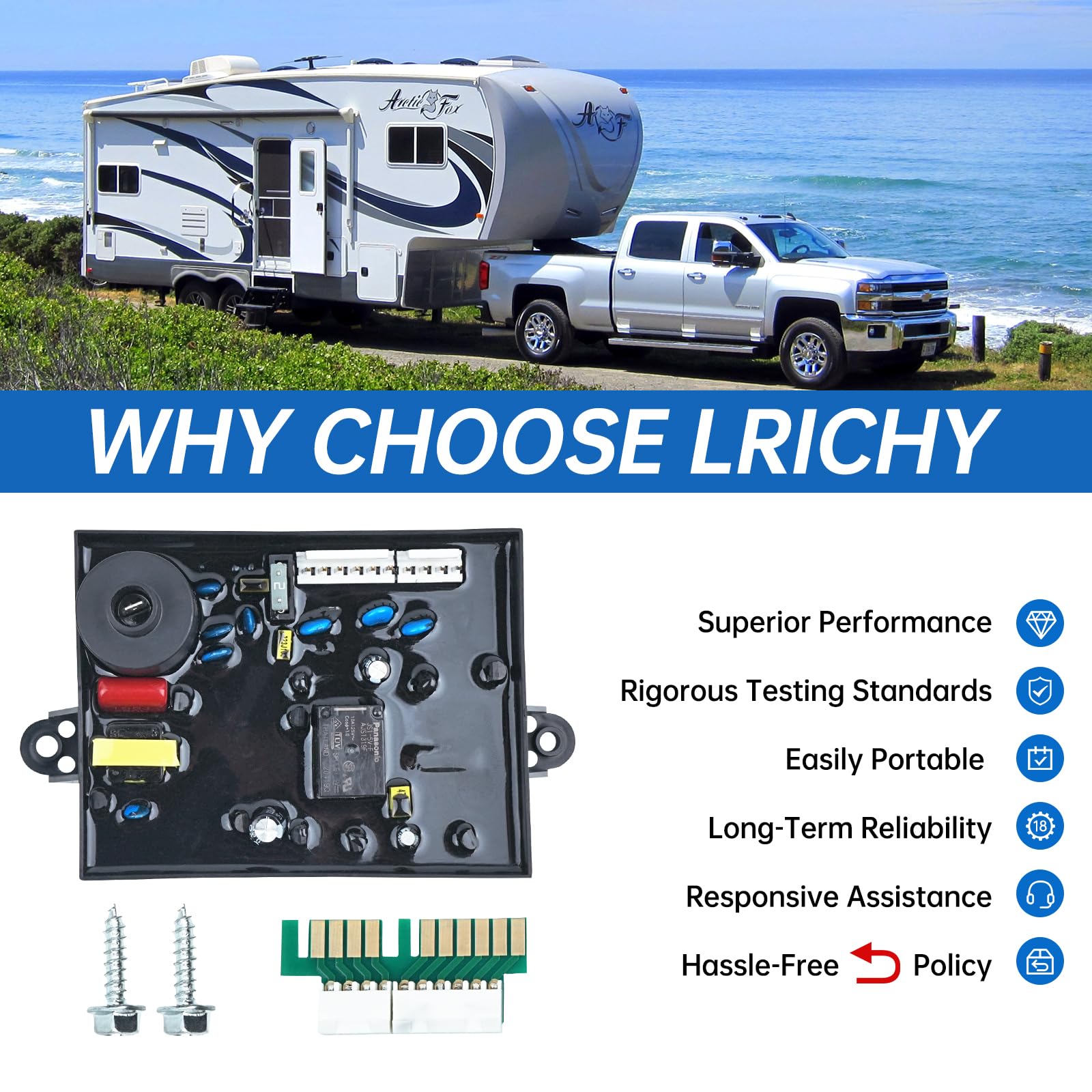 Lrichy safety-energy-saving-icons highlight multi-protection features and lower power use.