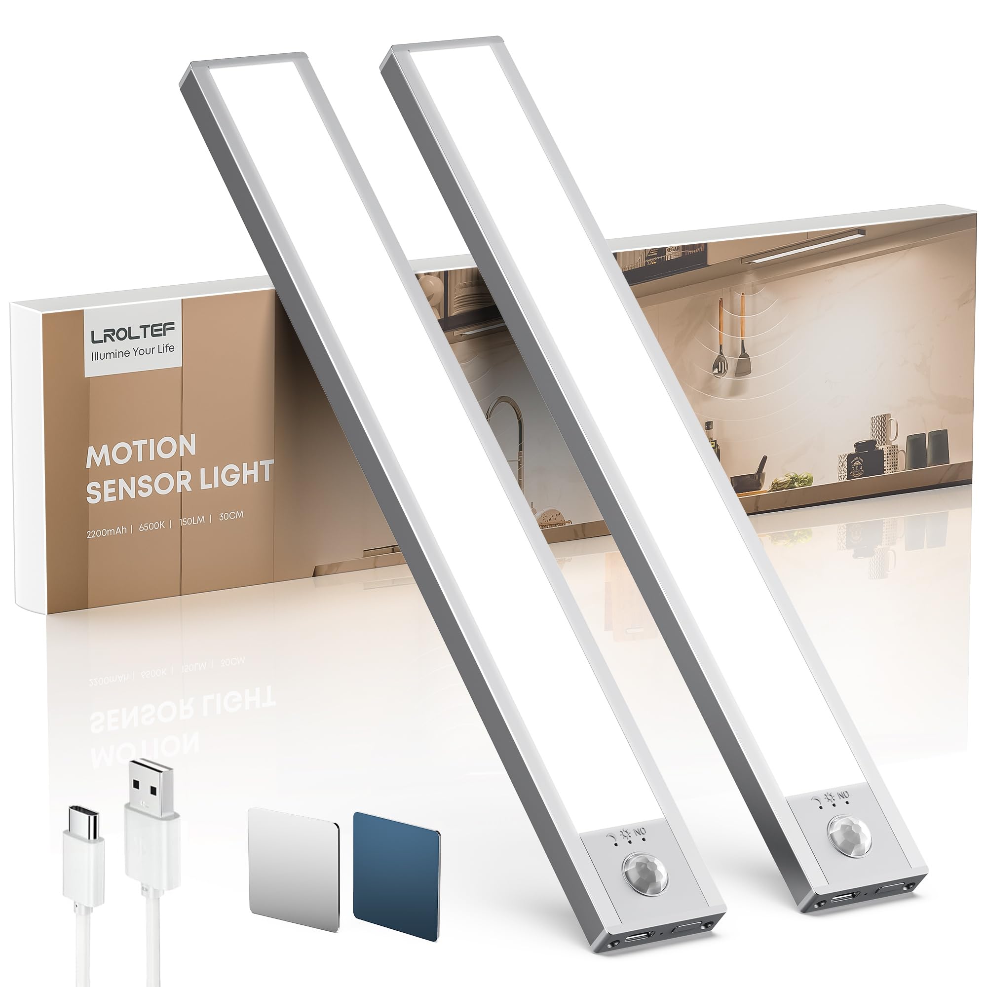 LROLTEF under-cabinet light with motion sensor illuminating workspaces at night.