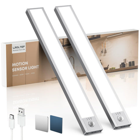 LROLTEF under-cabinet light with motion sensor illuminating workspaces at night.