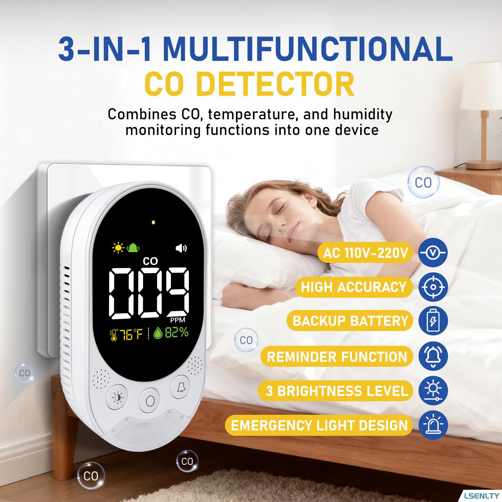 LSENLTY battery-backup CO detector ensures monitoring during power outages in RVs and hotels.