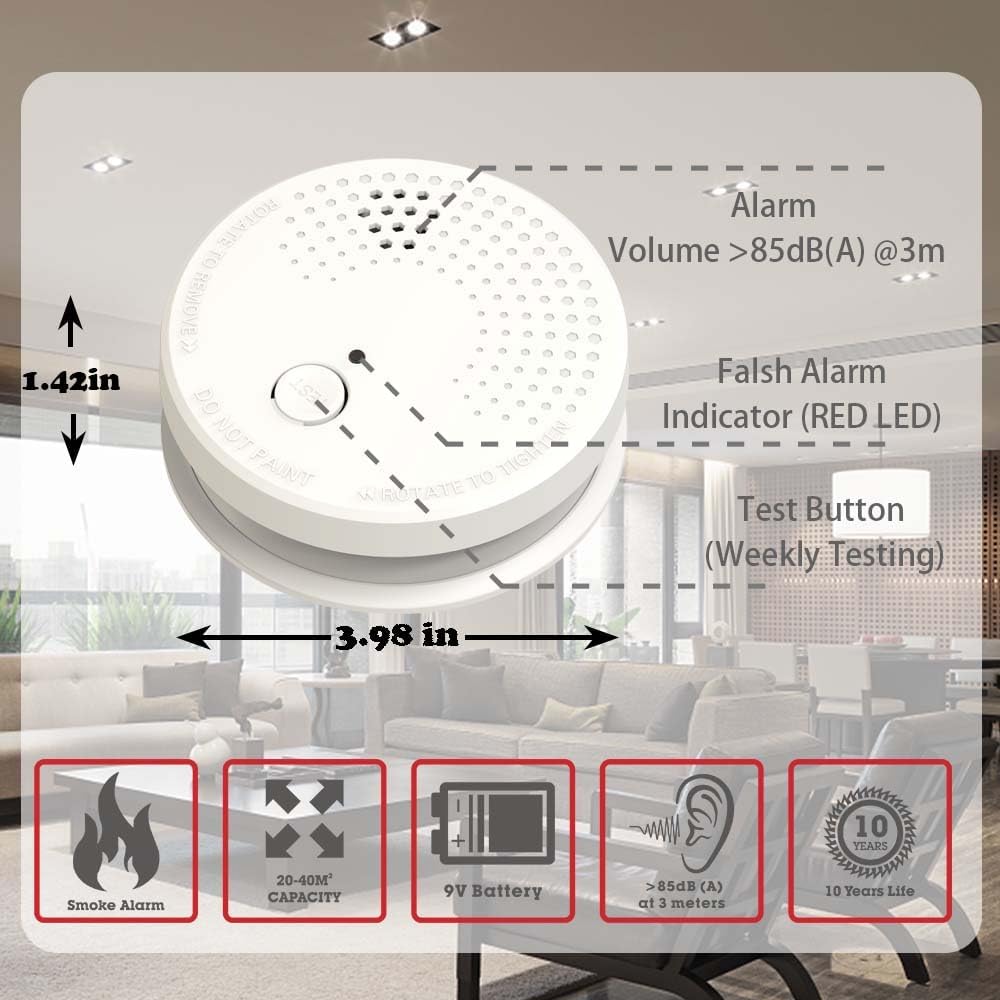 LSHOME smoke detector 4-pack side view highlights slim profile for walls