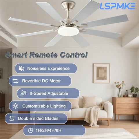 LSPMKE nickel finish ceiling fan shown in a modern living room.