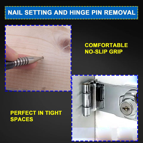 LSTOPGO center punch and nail setter shows centered marks on wood and metal.