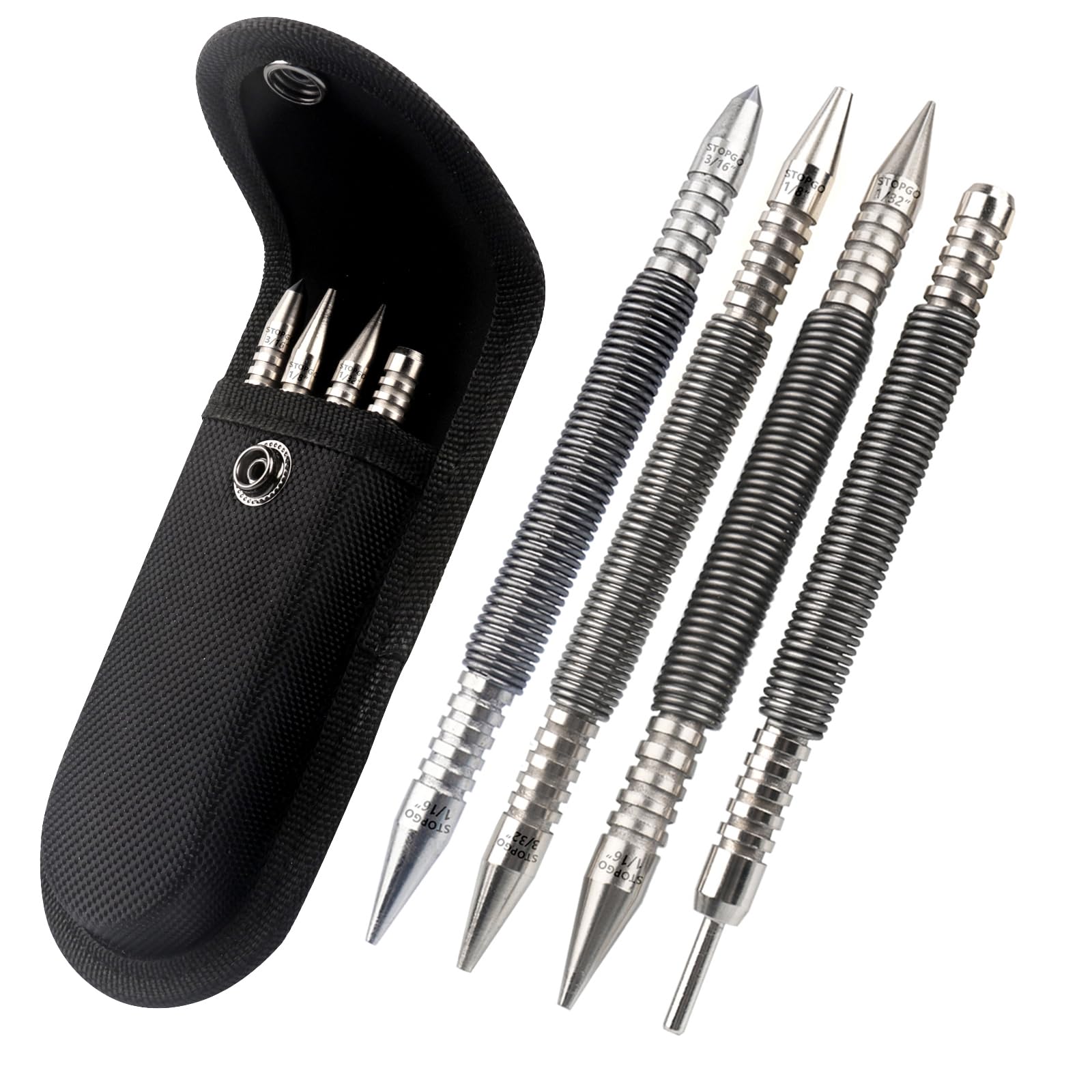 LSTOPGO spring nail set full kit demonstrating compact hammerless operation for precise nail setting.